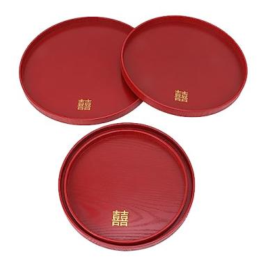 Imagem de Conjunto de 4 Bandejas de Servir, Bandeja de Lanche Estilo Chinês, Bandeja de Madeira, Bandeja Retangular de Madeira, Prato de Servir para Pratos, café ou chá, Vermelho (Redondo)