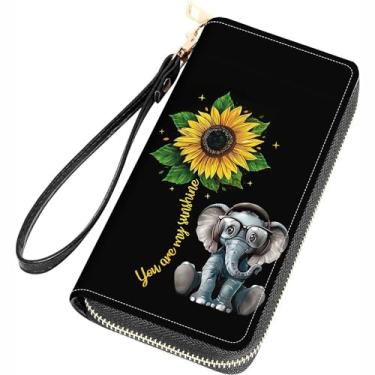 Imagem de FQTBCEARI Carteira feminina com estampa de Filipenses 4 a 13 com citações cruzadas de couro PU com zíper bolsa clutch para smartphone/cartão/moeda/dinheiro, Elefante e girassol