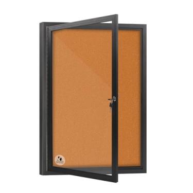 Imagem de OUOFS Quadro de avisos fechado ao ar livre à prova de intempéries 91 x 61 cm, quadro de avisos de cortiça bloqueável com porta de bloqueio de vidro temperado, exibição segura para avisos, pôsteres e