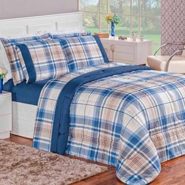 Imagem de Kit Edredom Real Casal Super King Micro Percal 200 Fios 03 Peças Azul Titânio 100% Poliéster