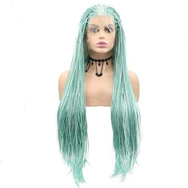 Imagem de Angel Lucky Peruca trançada verde menta para mulheres, totalmente feita à mão, verde misto, branca, micro trançada, peruca de renda sintética, fibra resistente ao calor, tranças afro sintéticas, 66 cm