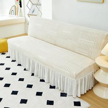 Imagem de Capa de futon sem braços com saia de babados, sofá-cama futon altamente elástica(Beige,Small (120-150cm))