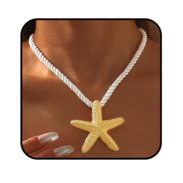Imagem de Yalice Colares de estrela do mar com concha dourada para mulheres, pingente de sol de concha grande, boêmio, colar com cordão de declaração de flor, fantasia de sereia de surfista, joia do oceano,