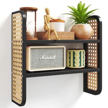 Imagem de LUPWNEKA Prateleira de vime de 2 camadas, prateleira de vime preta montada na parede, prateleira de exibição tecida feita à mão, prateleiras decorativas boho para entrada, berçário, cozinha, banheiro