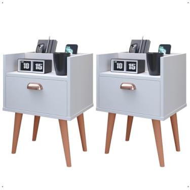 Imagem de KIT 2 Mesa de Cabeceira Compacta Retrô com Suporte para Celular Milena Gaveta e Puxador Concha (BRANCO)