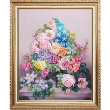Imagem de Egoshop Kit de bordado de fita floral, flores europeias em vaso DIY decoração de parede agulha trabalho com aro, sem moldura, tamanho 50 cm x 23,6 L, buquê de flores decoração de parede