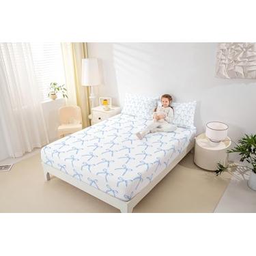 Imagem de Jogo de lençol Queen com desenho animado com laço, nó geométrico, patchwork, decoração de quarto de meninas e mulheres, desenho pintado à mão, lençol de cama azul nobre, 2 fronhas
