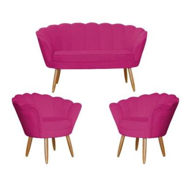 Imagem de Kit Namoradeira + 2 Poltronas Decorativa Pétala Couro Rosa Pink Pés Ma