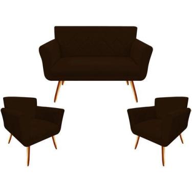 Imagem de Kit Namoradeira + 2 Poltronas Decorativa Sabrina Suede Marrom Pés Made