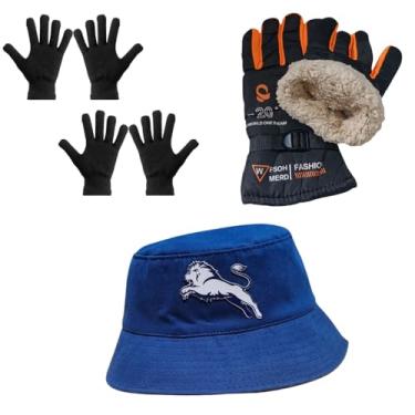 Imagem de Luva Básica, Luva de Moto Forrada, Chapeu Bucket - Kit's (2 Luva Preta + 1 Luva de Moto Laranja + 1 Chapeu Azul)