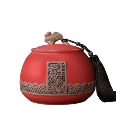 Imagem de Lata de Chá Lata de chá de cerâmica rústica vintage com troco e alça de transporte, jarra selada para armazenamento de açúcar, chá e café Lata de Chá(Red)