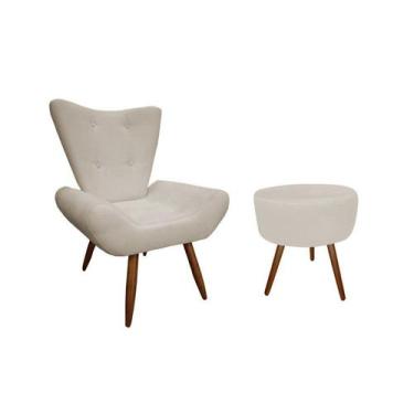 Imagem de Kit Poltrona Decorativa Emilia + Puff Redondo Suede Bege Pés Madeira M