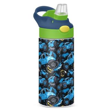 Imagem de Boccsty Garrafa de água infantil abstrata Monster Trucks com tampa de palha, pneu, isolada, de aço inoxidável, copo reutilizável para meninos e meninas, 350 ml, verde