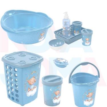 Imagem de Kit Banho Cesto,lixeira,saboneteira,balde,bacia,kit higiene urso azul 