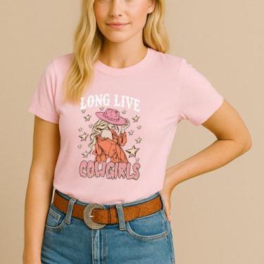 Imagem de T-shirt Algodão Feminina Estamp Cowgirl Mulher Estrela Chapéu Modinha 