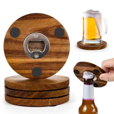 Imagem de Porta-copos de madeira 2 em 1 com abridor de garrafas, conjunto de 4 – Porta-copos engraçados de madeira de acácia com abridores de aço inoxidável e pés antiderrapantes – Durável e funcional para