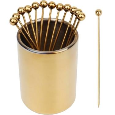 Imagem de Lexenic Palitos de coquetel de metal dourado de 11 cm + kit de suporte, conjunto de espetos de aperitivos reutilizáveis de aço inoxidável 304 premium para sanduíches, lanches de churrasco, coquetéis.