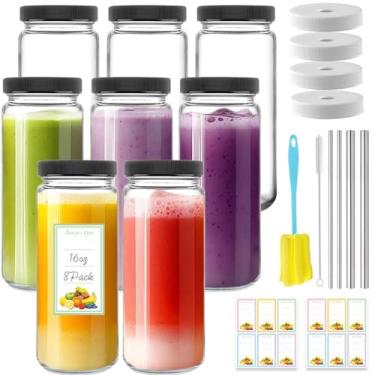 Imagem de NEWMIAO Pacote com 8 garrafas de suco de 473 ml com tampas pretas, frascos de suco de vidro reutilizáveis de 500 ml, recipientes de bebidas, copos de água para bebida fria, frascos de smoothie