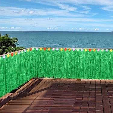 Imagem de Fovths Saia de mesa verde Luau Grass 11 m x 75 cm com franja faixa de grama saia de mesa de palha havaiana natural para tiki bar telhado verão praia decorações de festa tropical