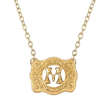 Imagem de SENFAI Colar com fivela de cinto em ouro 14K, estilo ocidental, com pingente de letra inicial, design decorativo com fivela de cinto, Small, Latão, Sem Pedra Preciosa