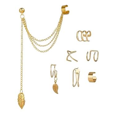 Imagem de Kit 07 Brincos Piercings Prateado Feminino Argola Pingente folha E Estrela Moda