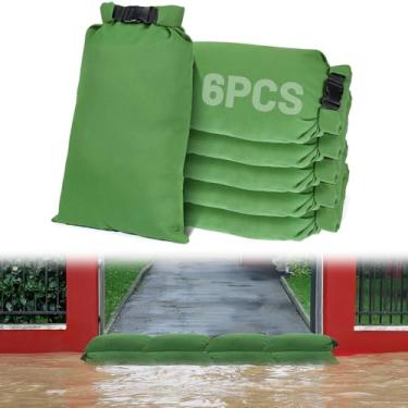 Imagem de 6 peças de sacos de areia sem vazamento para inundação com fivela - sem amarração, fácil de transportar, lona de alta densidade, proteção contra inundações, barreira de água, saco de areia para porta