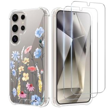 Imagem de Zrutru Capa para Samsung Galaxy S24 Ultra, protetor de tela e lente da câmera [não amarela] Capa de telefone com proteção de nível militar floral, transparente, fina, à prova de choque, design floral