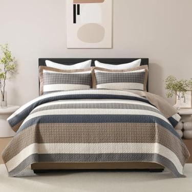 Imagem de SahSahCasa Conjunto de cama queen size, 100% algodão, acolchoado, colcha listrada, edredom leve de patchwork reversível para todas as estações, cinza/marrom/bege, 3 peças
