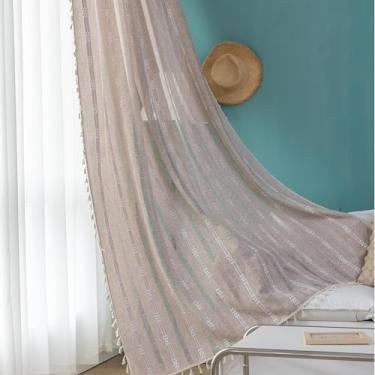 Imagem de Erbnaryx Cortinas Boho bordadas para sala de estar quarto 1 painel L 159 x C63 bolso cáqui, listrado fazenda chique texturizado, borlas vintage feito à mão decoração country.