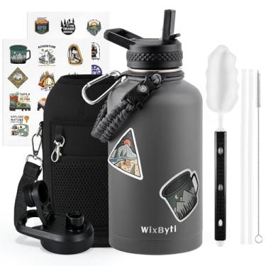 Imagem de WixByti Garrafa de água isolada de 1,8 l com canudo (fria por 48 horas), jarro de água esportivo a vácuo de parede tripla de aço inoxidável de meio galão, frasco hidráulico à prova de vazamento com