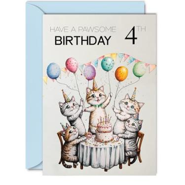 Imagem de Cartão de aniversário de 4 anos para meninos e meninas - balões de gatos de festa pawsome - Cartões de feliz aniversário para meninos e meninas de 4 anos, cartões comemorativos de aniversário de gato
