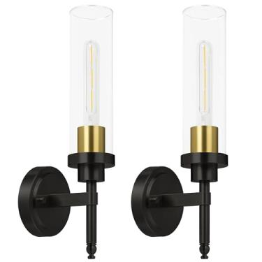 Imagem de Conjunto de 2 arandelas de parede, luminárias modernas para banheiro com sombra de vidro transparente, luzes de parede para sala de estar, espelho, quarto, corredor, cozinha (preto e dourado 1)