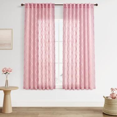 Imagem de Cortinas transparentes rosa de 153 cm de comprimento, 2 painéis para quarto de meninas, crianças, quarto, padrão geométrico, pompom, boho, pequenas cortinas, aba traseira, bolso para varão, filtro de
