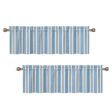 Imagem de Uiiooazy Sanefas listradas para janelas, listras azuis pretas brancas e sanefas de cozinha para quarto, sala de estar, banheiro, tratamentos geométricos de janela pequena, 2 painéis 132 x 30 cm