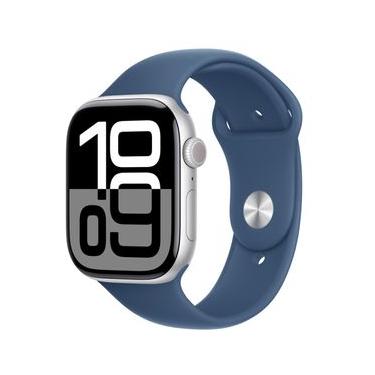 Imagem de Apple Watch Series 10 (GPS & Cellular 46 mm) Caixa de Alumínio Prateada, Pulseira Esportiva Denim P/M