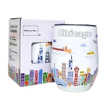 Imagem de Beary Blu City Themed Artwork Série de copos de 355 ml - Projetado nos EUA - Copo isolado a vácuo com tampas - Caneca de viagem de aço inoxidável para vinho e café, água, para bebida quente e fria