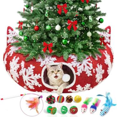 Imagem de OurWarm Túnel de tubo dobrável festivo de Natal para animais pequenos (boneco de neve vermelho) cama túnel de gato sob árvore de Natal círculo de brinquedo de gato com bola de brinquedo, decorativo