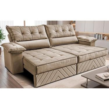 Imagem de Sofá Retrátil E Reclinável 2,10m Com Molas E Espuma D33 Thunder. Velusoft Cama Inbox Bege