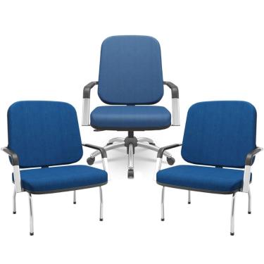 Imagem de Kit Cadeira de Escritório Giratória e 2 Cadeiras Fixas Cromada Magno P03 Crepe Azul - Lyam Decor