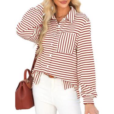 Imagem de Camisa feminina elegante listrada com botões e decote em V de manga co