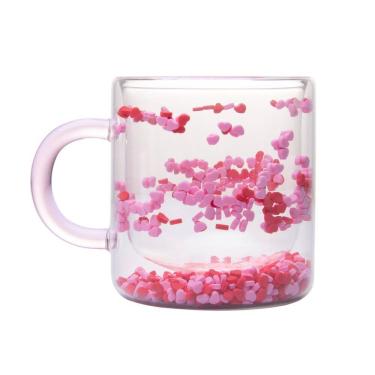 Imagem de Caneca Vidro Heart 300Ml Parede Dupla Com Alça Rosa Coração