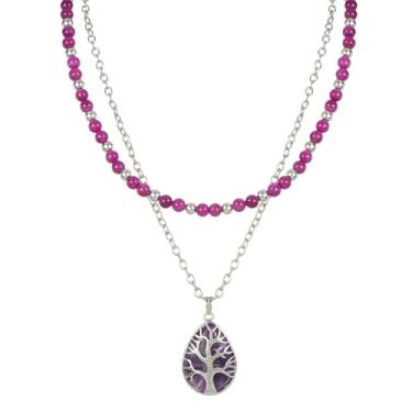 Imagem de Jules D. Colar com pingente de árvore da vida de pedra criada, boêmio, feito à mão, várias camadas, semipedras preciosas, para mulheres, boêmio, estilo ocidental, joias para mãe, Standard, Prata Prata
