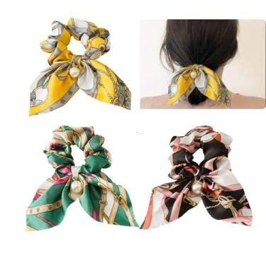 Imagem de Cachecol de cabelo para mulheres, laços de cabelo amarrados com laço floral, faixas elásticas, fita de cabelo, suporte de rabo de cavalo para meninas, 3 peças