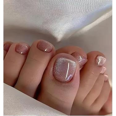 Imagem de 24 peças unhas postiças com glitter rosa unhas postiças brilhantes unhas postiças pontas de acrílico cola nas unhas para mulheres kit de unhas postiças