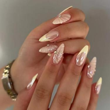 Imagem de Kit de unhas de pressão de amêndoas médias francesas brancas com design de conchas, strass prensa de acrílico artificial, cobertura completa, bastão falso na unha para mulheres, uso diário, manicure