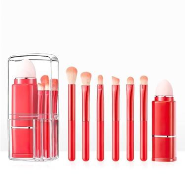 Imagem de Conjunto de pincéis de maquiagem retráteis 8 em 1 – multifuncional, ferramenta de beleza de cerdas macias para base, sombra e muito mais, portátil para viagens, kit de maquiagem feminina (vermelho)