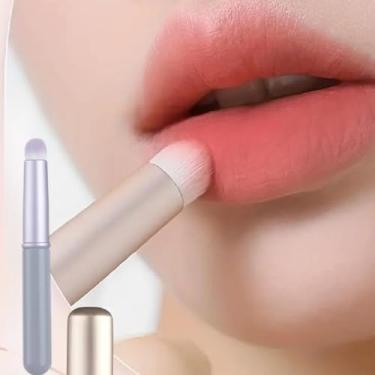 Imagem de Pincel de batom de cabeça redonda com tampa, pincel de palma portátil para mistura, cabo de plástico, adequado para aplicador de pincel labial (roxo)