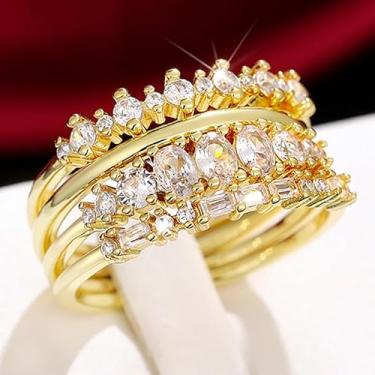 Imagem de 4 peças de anéis empilháveis banhados a ouro 14K para mulheres – Conjunto de anéis delicados de zircônia cúbica, alianças de casamento minimalistas e joias modernas (tamanho 6-8), 6mm, Latão Zircônia