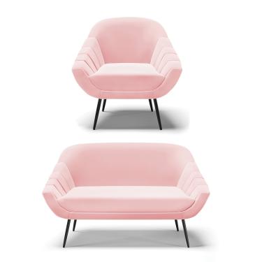 Imagem de Kit 01 Namoradeira 02 Lugares e 01 Poltrona Giovana Suede Rosa Bebê Pés Palito de Ferro - D'Rossi