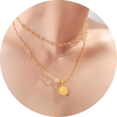Imagem de Colar feminino com inicial em camadas, aço inoxidável banhado a ouro 18K, pingente de clipe de papel duplo A a Z, conjunto de duas correntes destacáveis, 16.5in/ 14+2in, Aço inoxidável, Sem Pedra